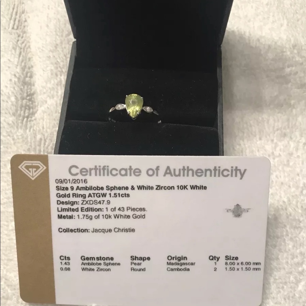 Genuine Ambilobe sphene white zircon 10k gold Ring